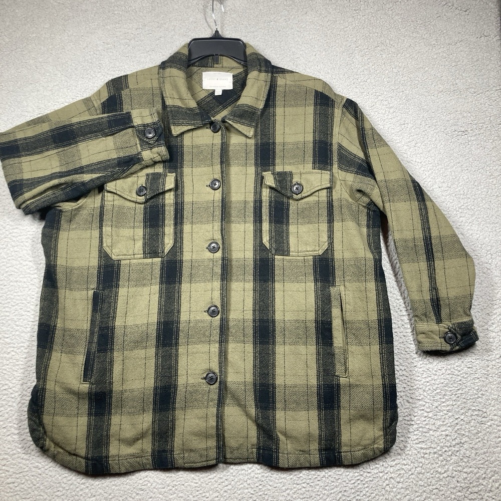 Lucky Brand Men's Shirt Jacket XL Olive‎ Green Black Plaid Shacket Button Front